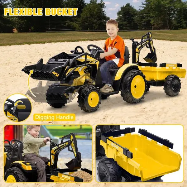 24V 3-in-1 Ride-On Tractor Toy – Excavator, Bulldozer & Tractor Modes with Remote, LED Lights, USB & Bluetooth (Yellow)