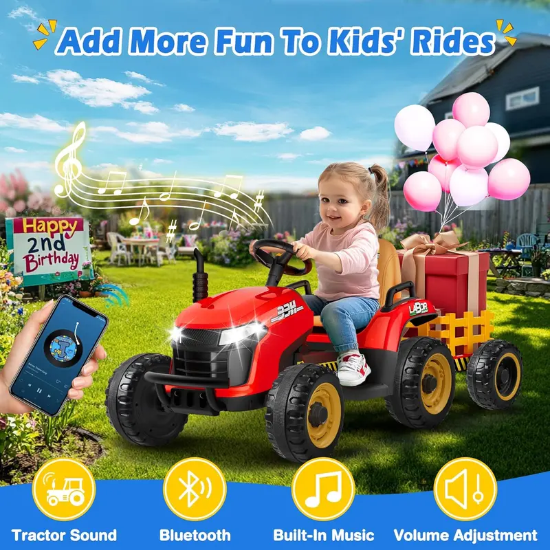 24V Ride-On Tractor for Kids – Tilting Trailer, Dual 65W Motors, Bluetooth Audio, Remote Control & Adjustable Speeds