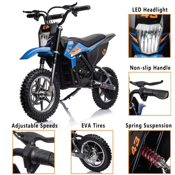 36V Kids’ Electric Dirt Bike – 350W Motor, 15.5 MPH Max Speed, LED Lighting & 175-Lb Load Capacity (Blue)