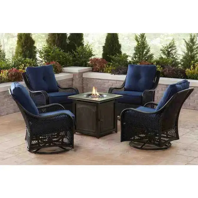 5-Piece Steel Fire Pit Conversation Set – Swiveling Glider Chairs, Square Center Table, and Navy Blue Cushioned Seating 2