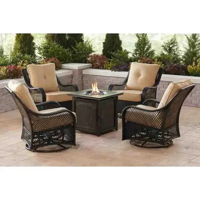 5-Piece Steel Fire Pit Conversation Set – Swiveling Glider Chairs, Square Center Table, and Navy Blue Cushioned Seating