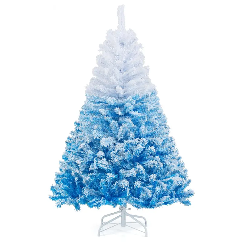 Blue-and-White Snow-Flocked Christmas Tree with Dense Tips and Collapsible Metal Stand