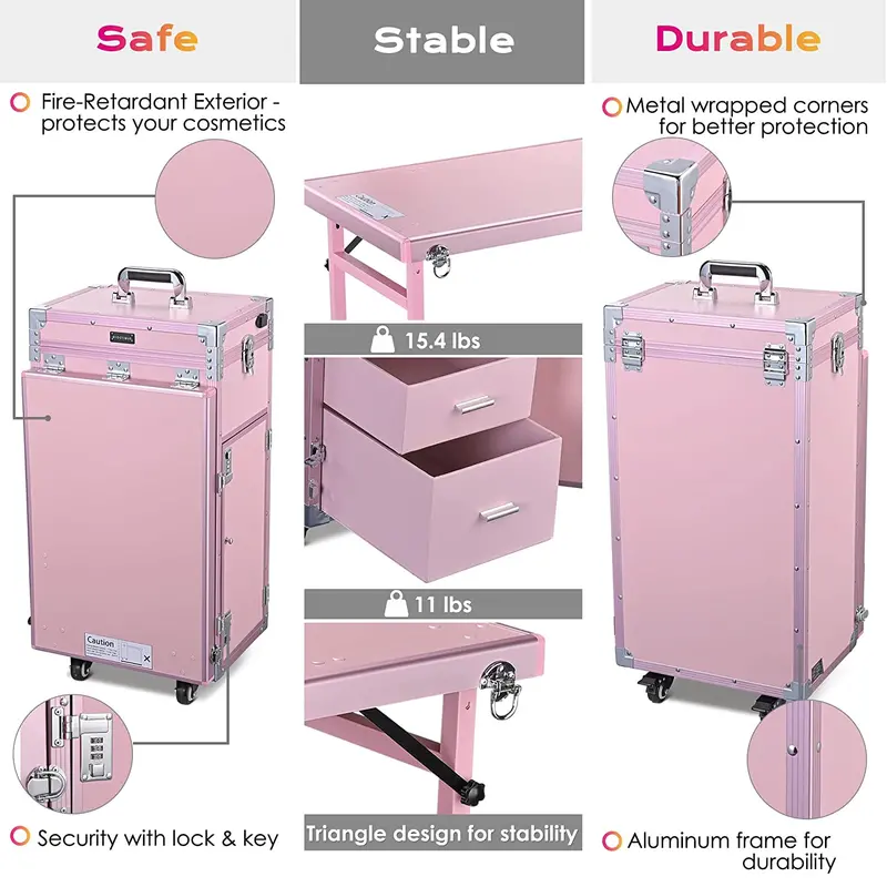 BYOOTIQUE Rolling Nail Art Station – Pink Mobile Makeup Cart Featuring Mirror, 4 Smooth-Glide Drawers