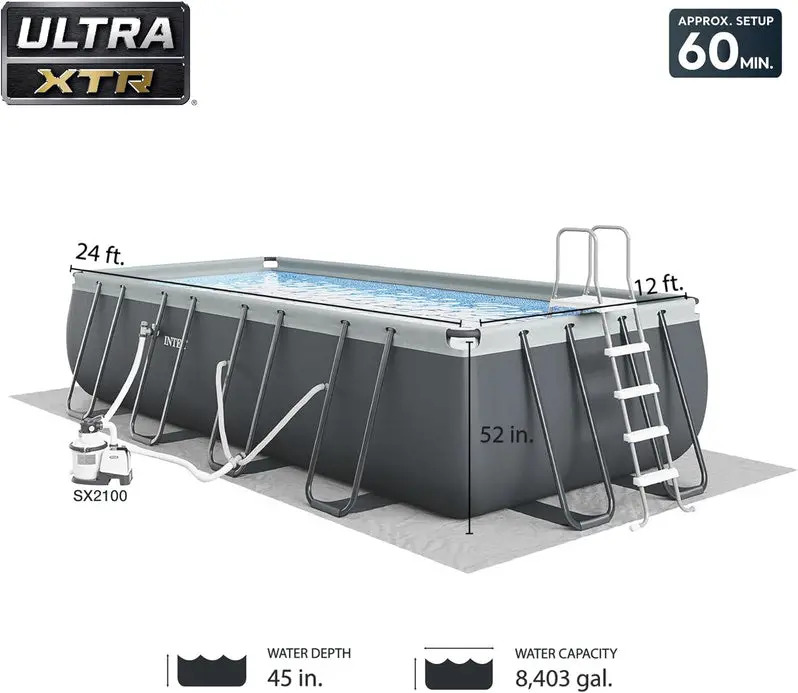Complete Rectangular Above-Ground Pool Kit – Includes 1200 GPH Sand Filter Pump, Safety Ladder, and Protective Cover