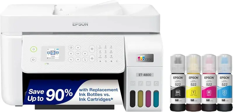 Epson EcoTank ET-4800 Home Office All-in-One – Cartridge-Free Printing, Scanning, Copying, and Faxing with Wi-Fi & ADF