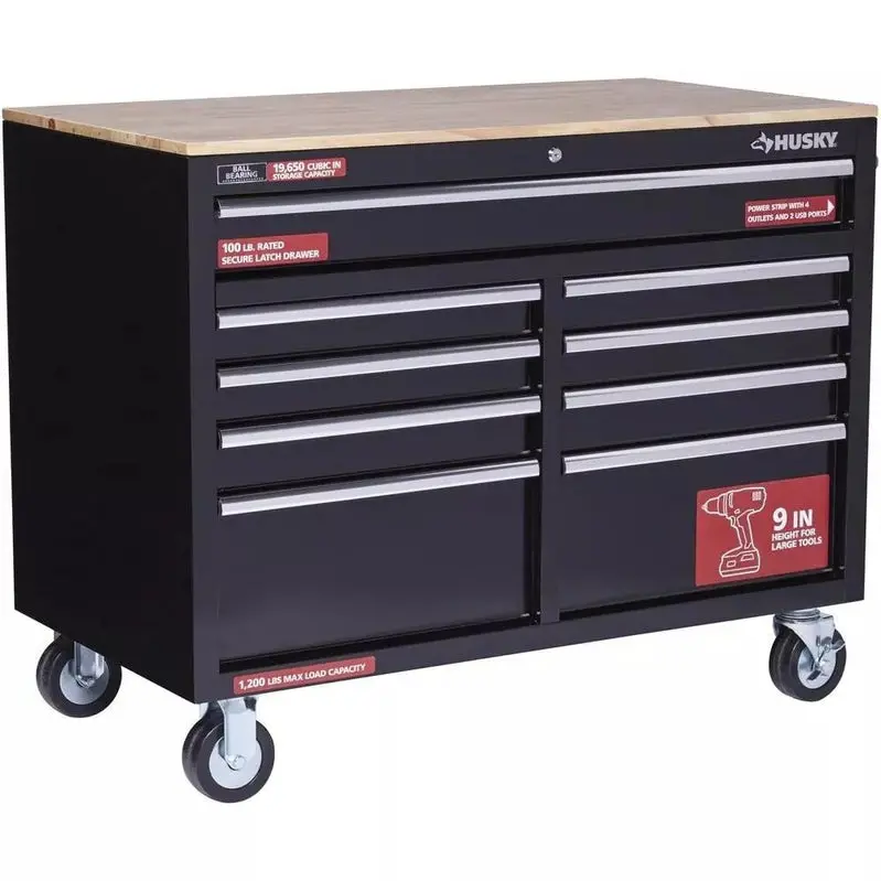 Gloss Black 9-Drawer Mobile Tool Chest – Integrated Power Strip and Premium Solid Wood Work Surface