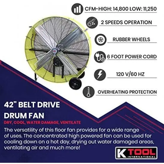 K Tool International 42-Inch Belt-Drive Drum Fan – Industrial Garage Fan with Dual-Speed Control, Safety Shutoff, and Mobility Wheels