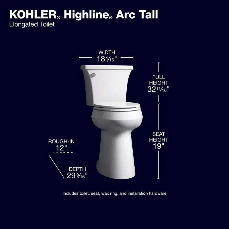 KOHLER Highline Arc Tall-Height 2-Piece Elongated Toilet – Eco-Conscious 1.28 GPF Performance, White with Coordinated Seat Assembly
