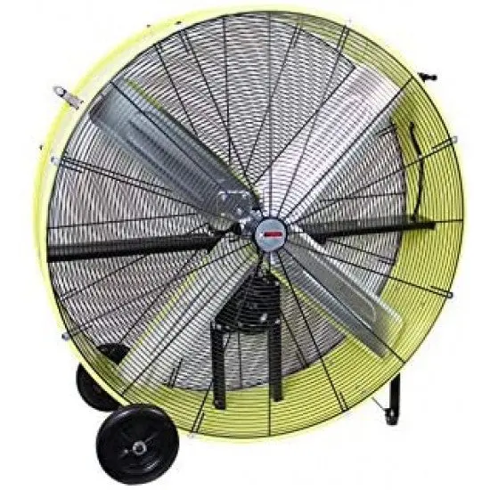 KTI Industrial 42-Inch Belt-Drive Drum Fan – Dual-Speed, Safety Yellow Finish with Rubber-Cushioned Mobility Wheels
