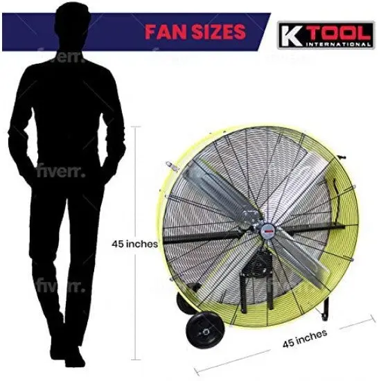 KTI Industrial 42-Inch Belt-Drive Drum Fan – Dual-Speed, Safety Yellow Finish with Rubber-Cushioned Mobility Wheels