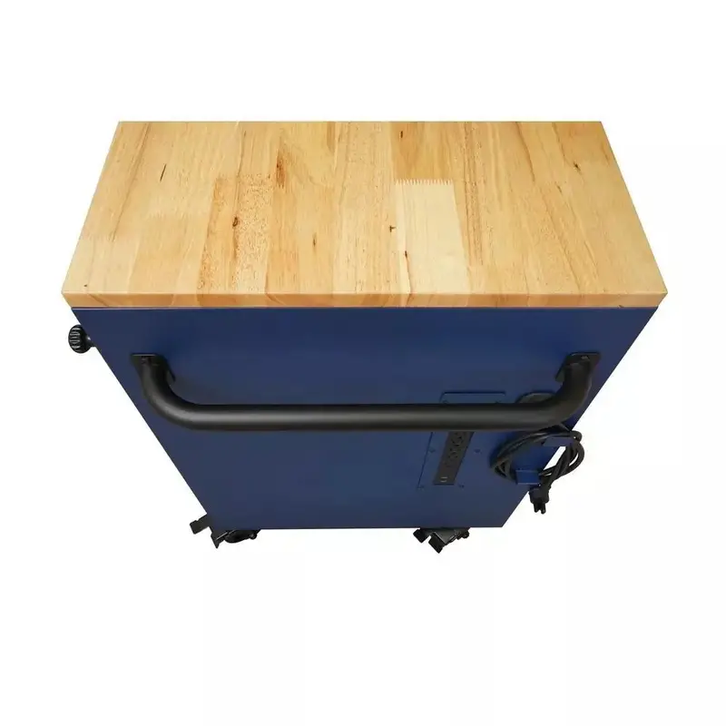 Matte Blue 52-Inch Adjustable Mobile Workbench with 9-Drawer Storage and Solid Wood Surface