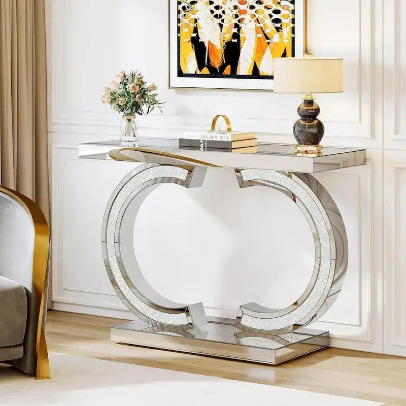 Mirrored Silver Hall Console Table – 39" Slim Entryway Piece with Reflective Surface and Shelf Storage