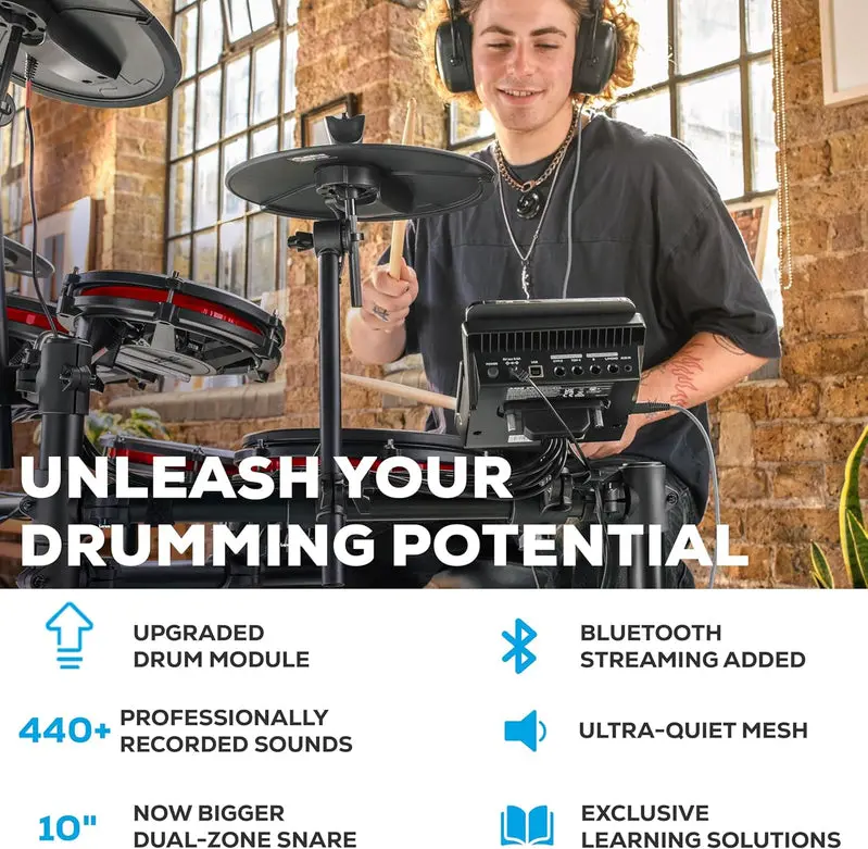 Nitro Max Wireless Electronic Drum Kit – Professional Mesh Drum Pads, Bluetooth Integration, Full-Size Digital Drum Set