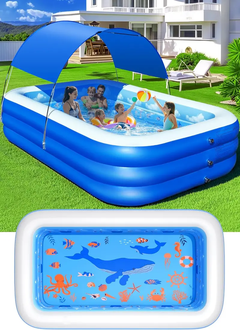 Ocean-Inspired Inflatable Family Pool with Sunshade Canopy – Extra-Large Backyard Splash Pool (105" x 75" x 25"), Reinforced Walls, Vibrant Blue Finish 2