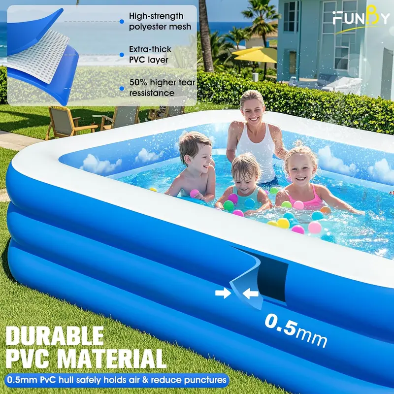 Ocean-Inspired Inflatable Family Pool with Sunshade Canopy – Extra-Large Backyard Splash Pool (105" x 75" x 25"), Reinforced Walls, Vibrant Blue Finish