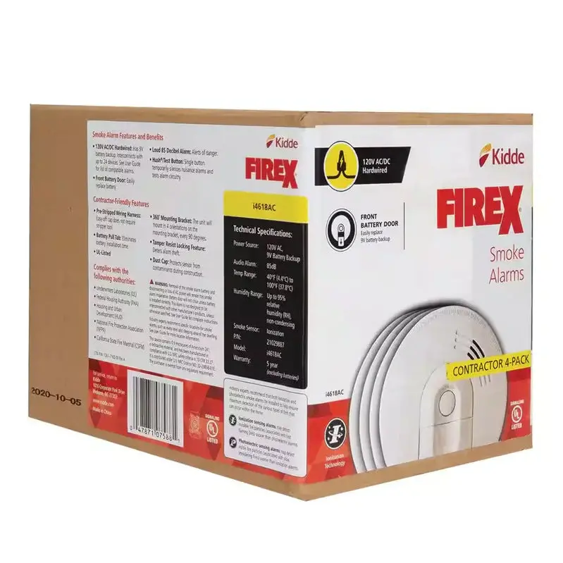 Pack Hardwired Smoke Detector – Ionization Sensor with 120V AC Power and 9V Battery Backup