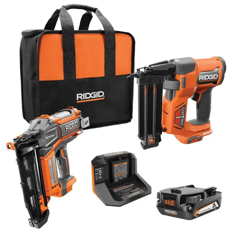 RIDGID 18V Brushless Cordless Nailer Combo Kit – Brad + Finish Nailers, Dual Batteries, Fast Charger, Pro Build