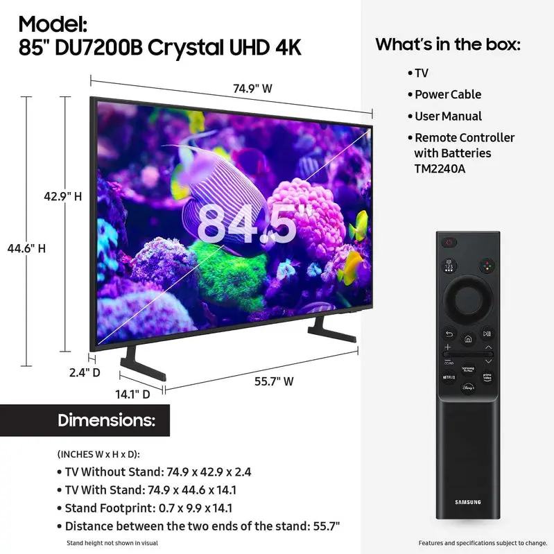 Samsung 85-Inch Crystal UHD 4K Smart TV (DU7200B) – PurColor, HDR, Tizen OS 2024