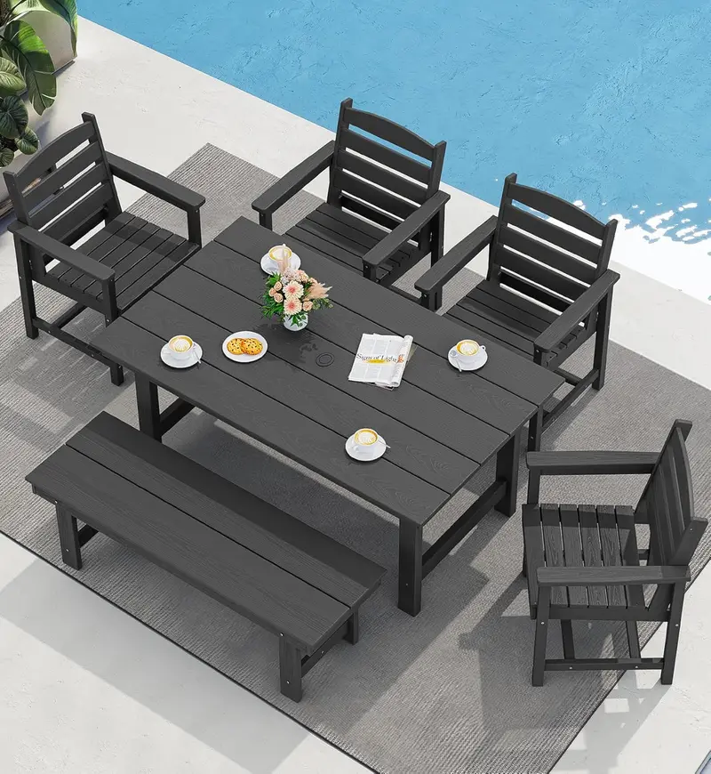 SERWALL Blue HDPE 7-Piece Outdoor Dining Set: Weatherproof Patio Table with Umbrella Hole + Six Stackable Chairs