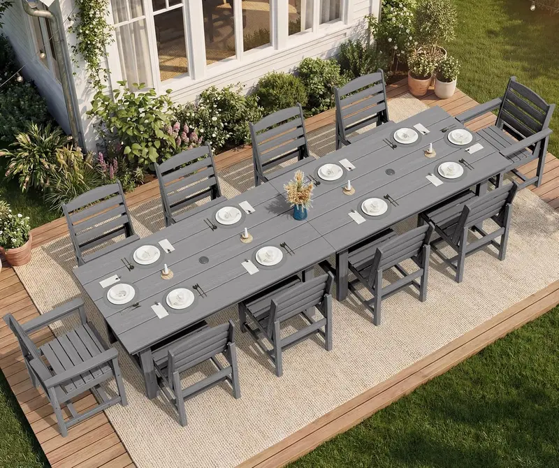 SERWALL Blue HDPE 7-Piece Outdoor Dining Set: Weatherproof Patio Table with Umbrella Hole + Six Stackable Chairs