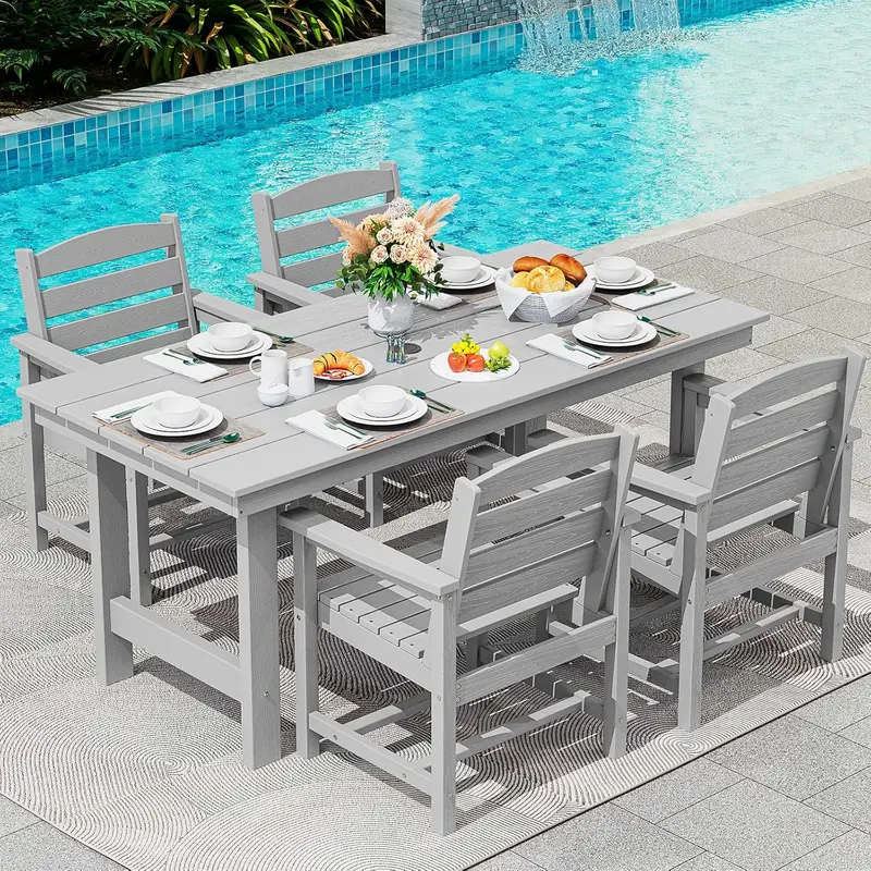 SERWALL Blue HDPE 7-Piece Outdoor Dining Set: Weatherproof Patio Table with Umbrella Hole + Six Stackable Chairs