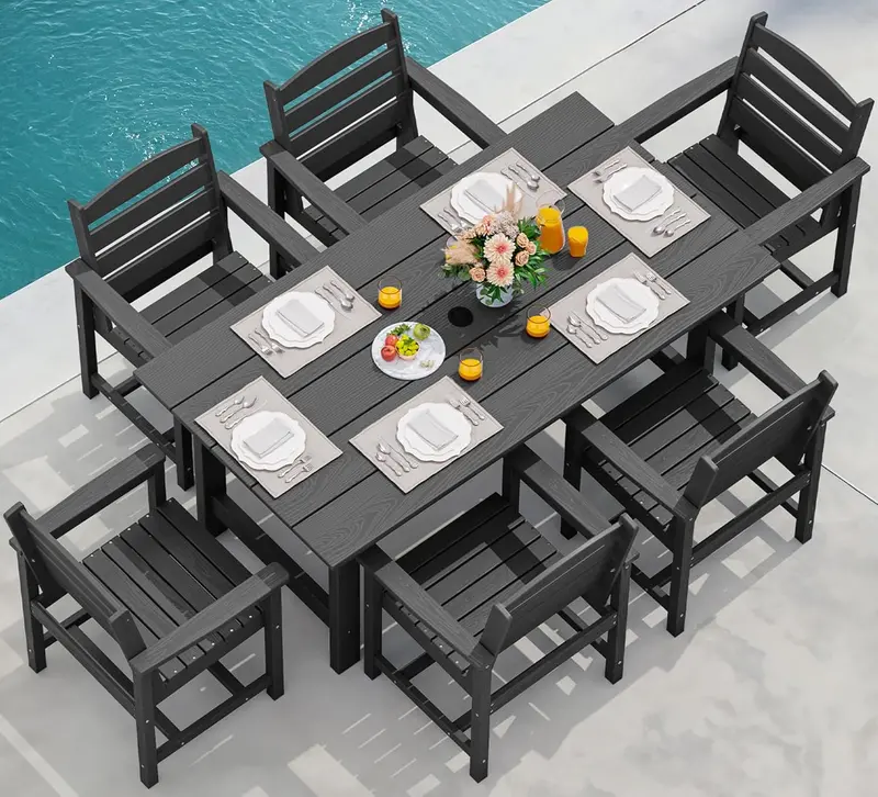 SERWALL Blue HDPE 7-Piece Outdoor Dining Set: Weatherproof Patio Table with Umbrella Hole + Six Stackable Chairs