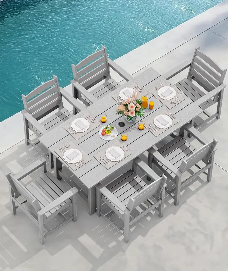 SERWALL Blue HDPE 7-Piece Outdoor Dining Set: Weatherproof Patio Table with Umbrella Hole + Six Stackable Chairs