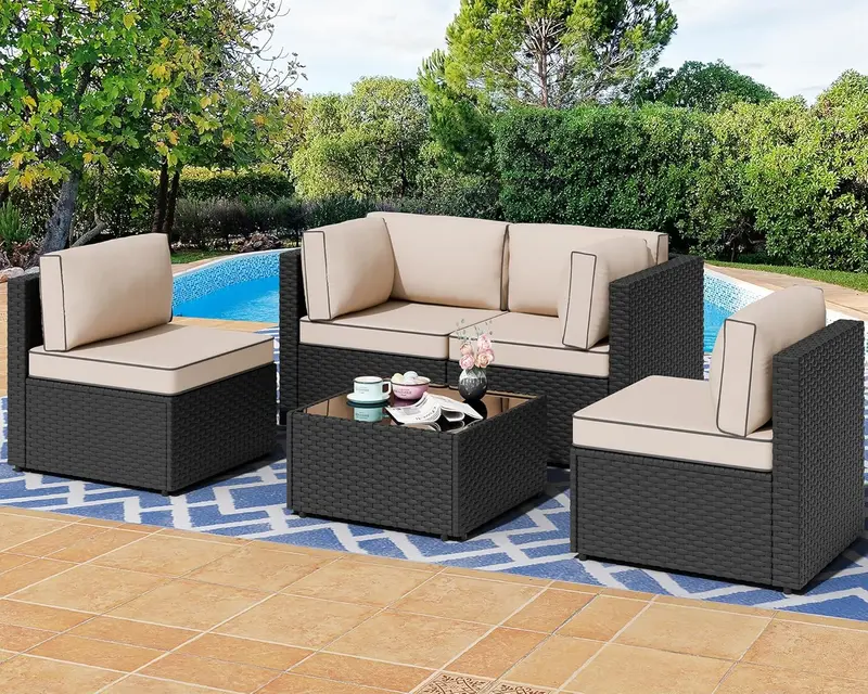 Shintenchi Aegean Blue PE Rattan 5-Piece Outdoor Sectional with Machine-Washable Cushions and Tempered Glass Table