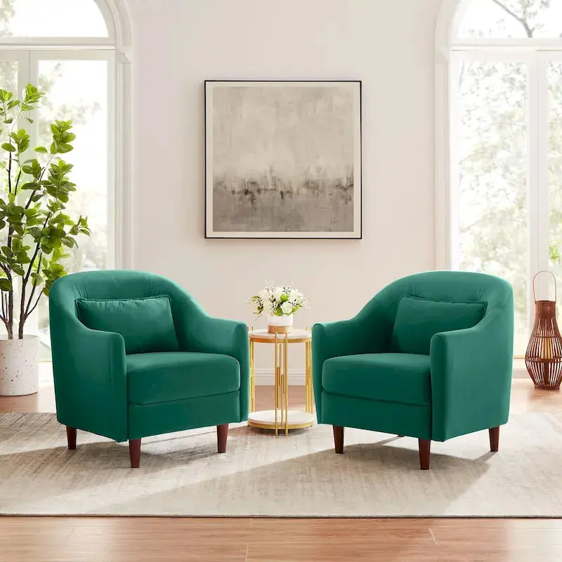 Velvet Barrel Accent Armchair Pair – Modern Two-Seat Set with Solid Wood Legs & Curved Silhouette 2